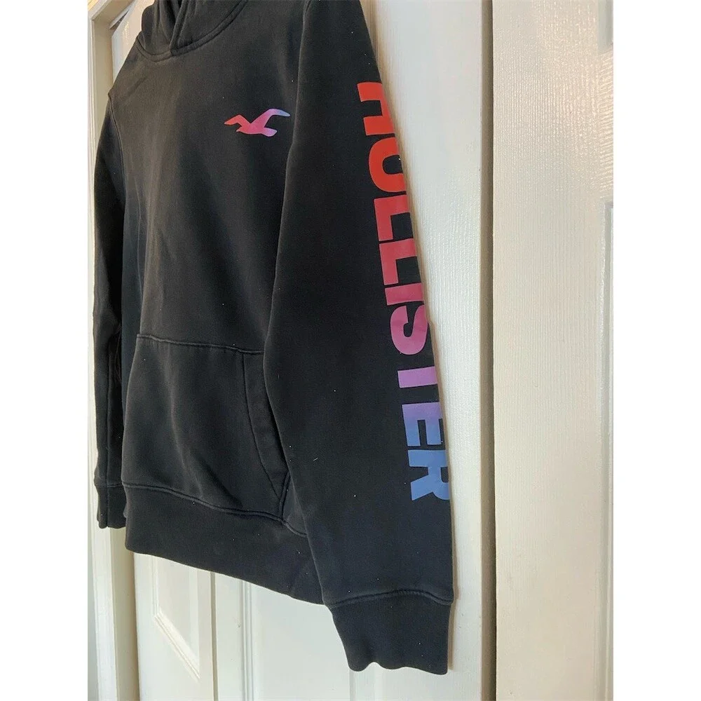 Hollister Pullover Hoodie Mens Medium Black Gradient Logo Sleeve Graphic